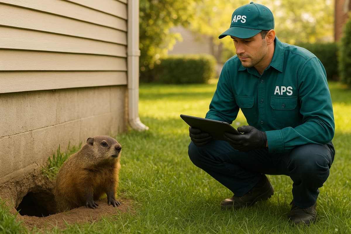 Groundhog in a suburban yard near a foundation